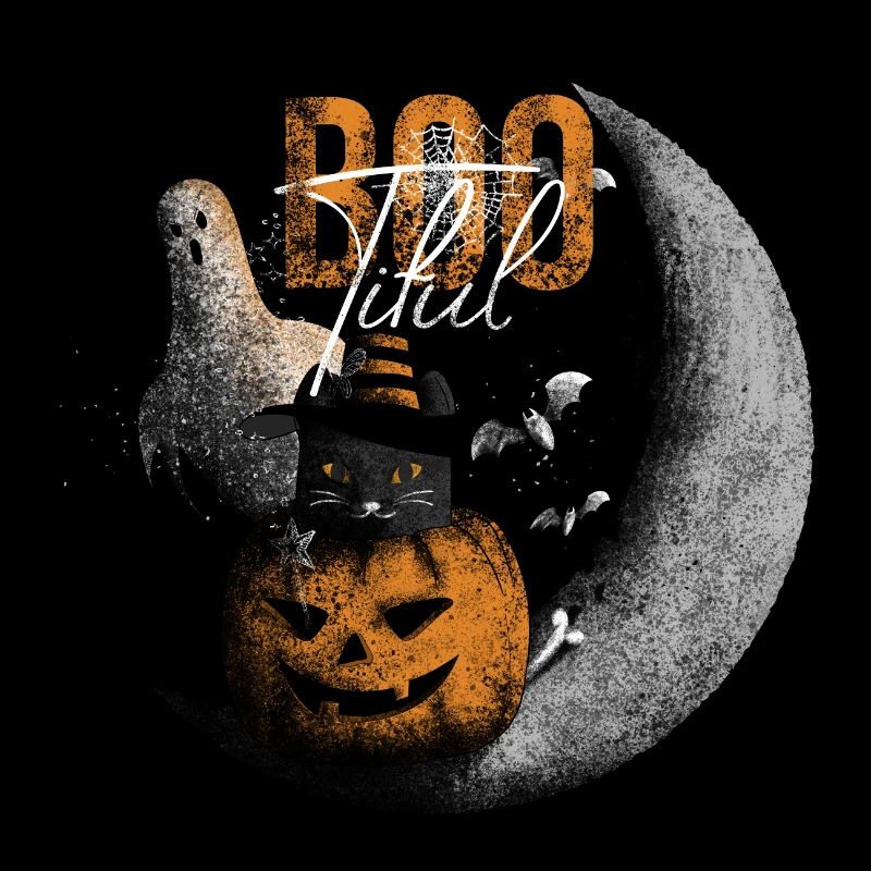 Bootiful Ghost and Black Cat in Crescent Moon