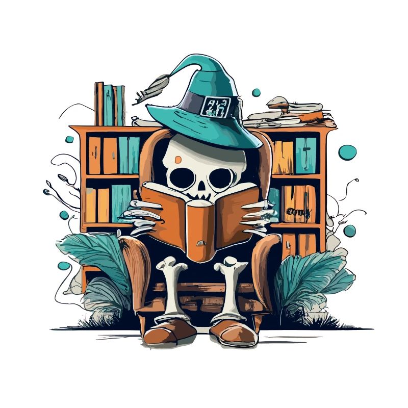 Halloween-Skelett liest ein Buch