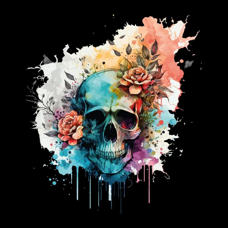 Crâne Squelette Fleurs Roses Splash