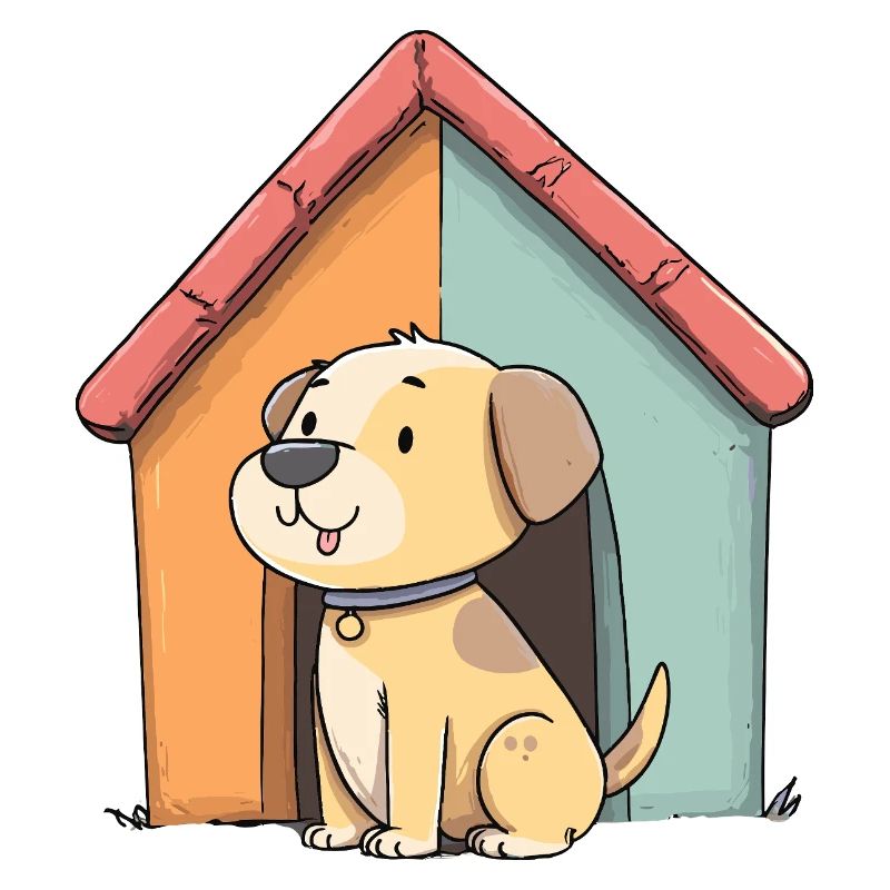 Chien câlin devant une maison colorée