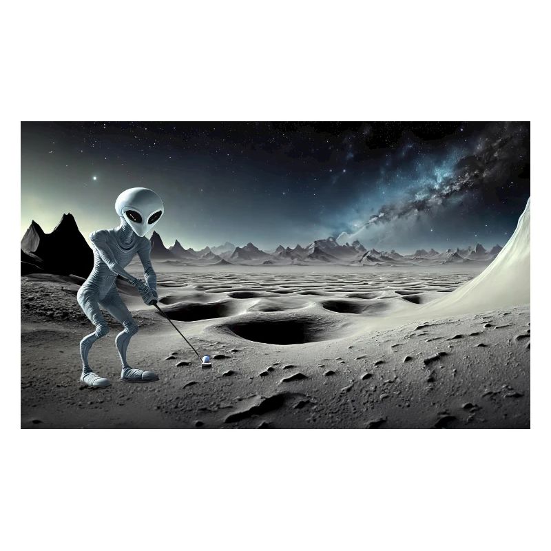 grey alien on the moon surface – playing golf