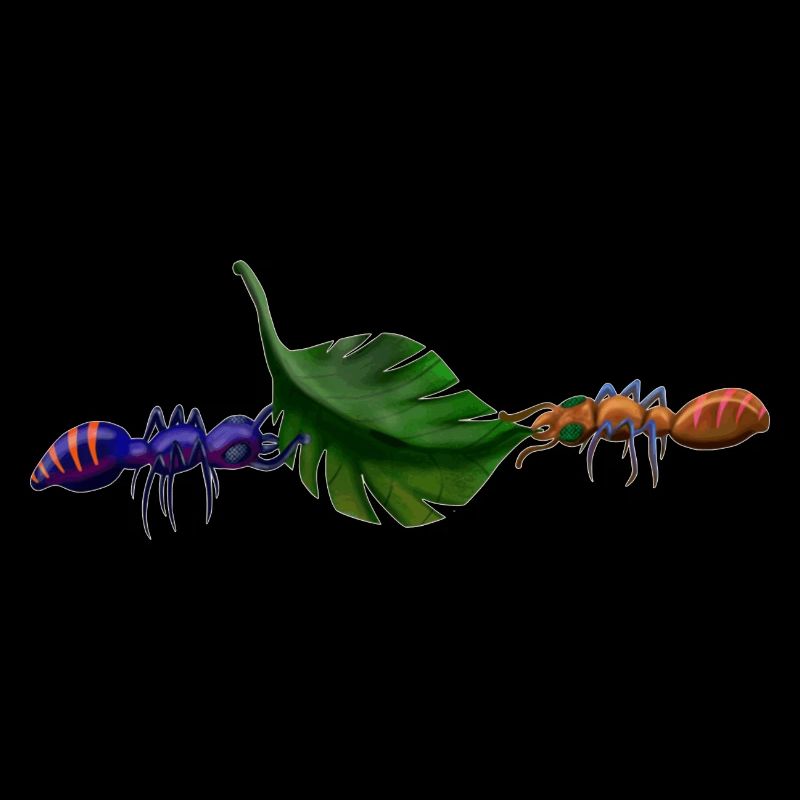 2 ants carry leaf in teamwork