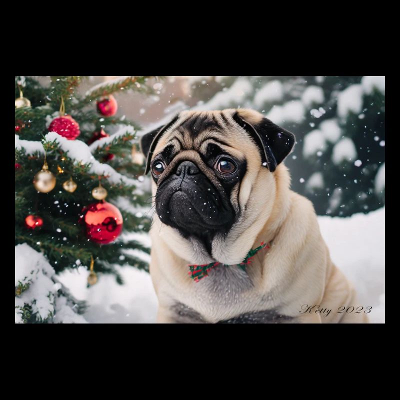 Mignon carlin devant un sapin de Noël enneigé
