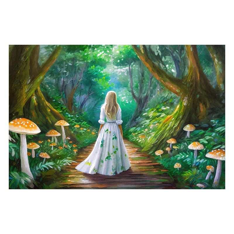 Fille dans la forêt de conte de fées avec des champignons