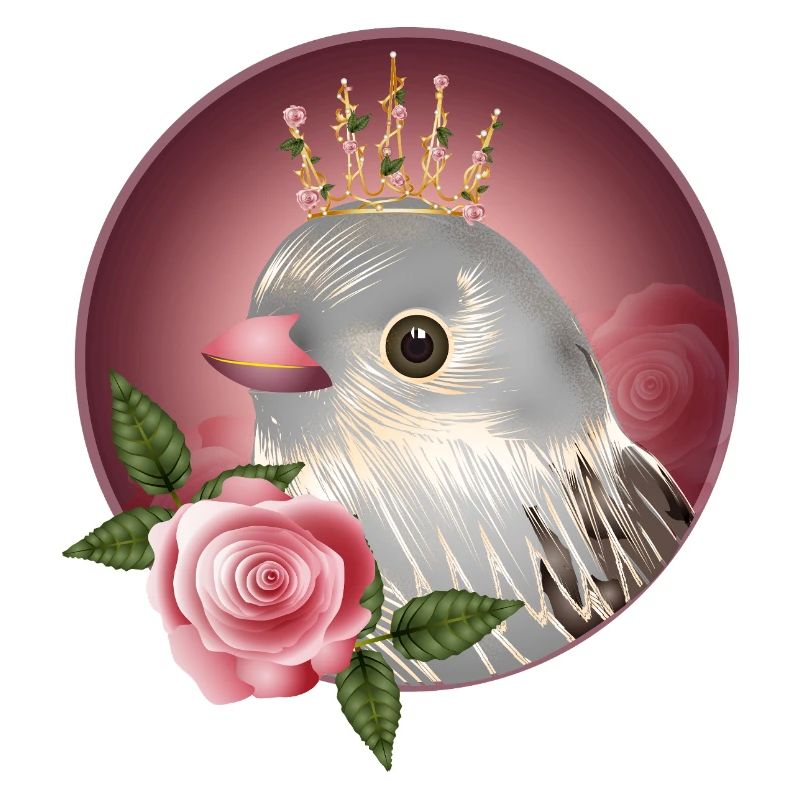 Delicate bird with rose and fine corolla