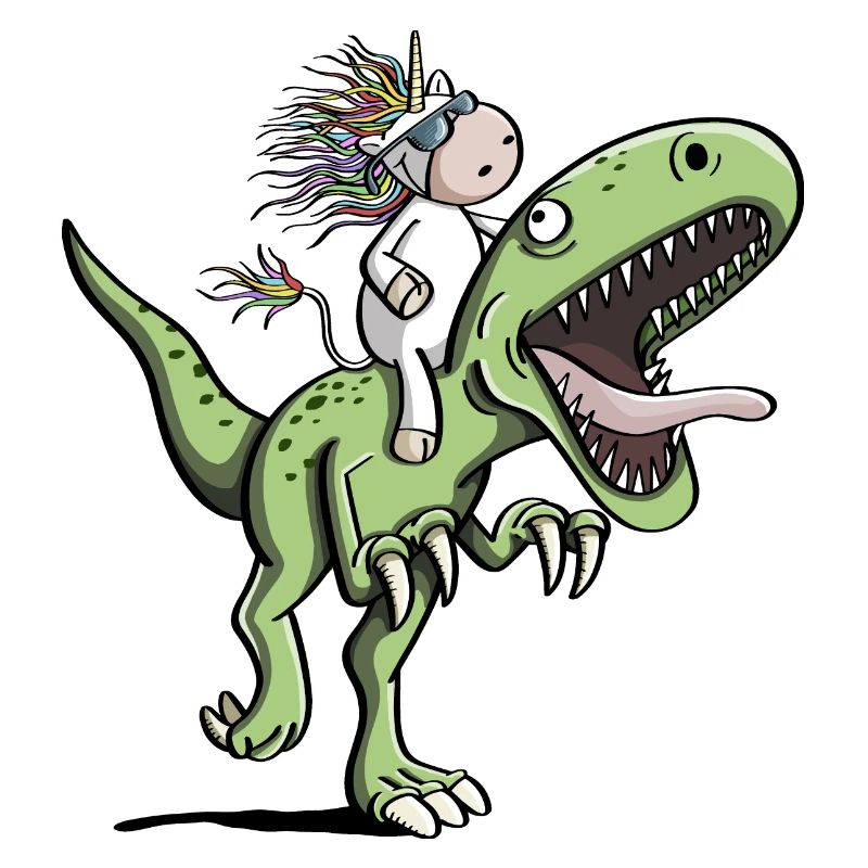 Unicorn rides a T-Rex dinosaur comic
