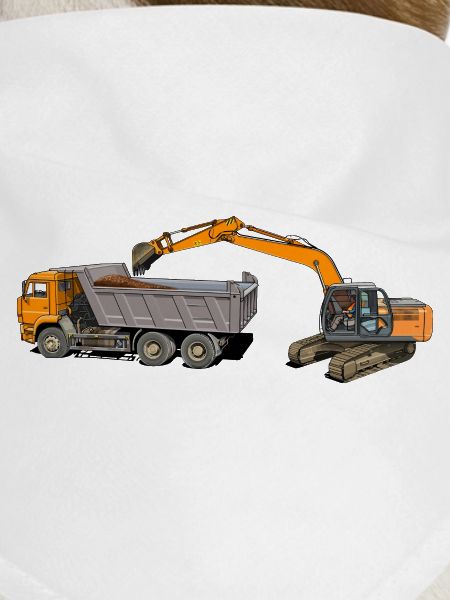 Excavator loads trucks