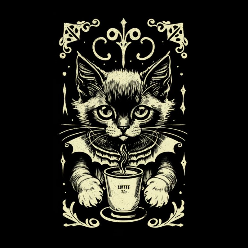 Gothic Cat Coffee Drinking Cute Kitten