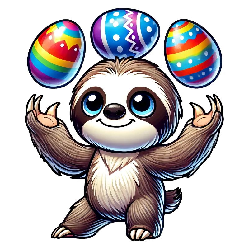 Sloth juggles Easter eggs colorful funny