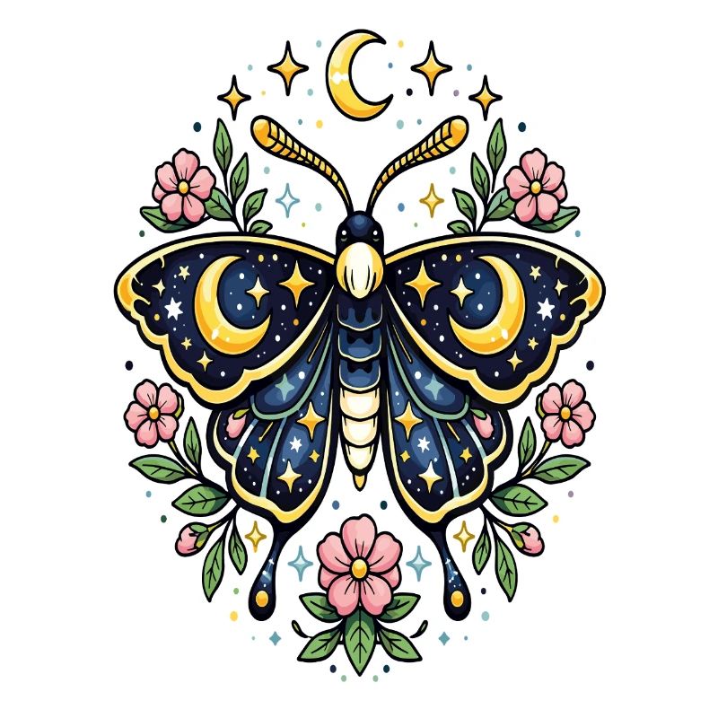 Papillon céleste lune fleurs étoiles