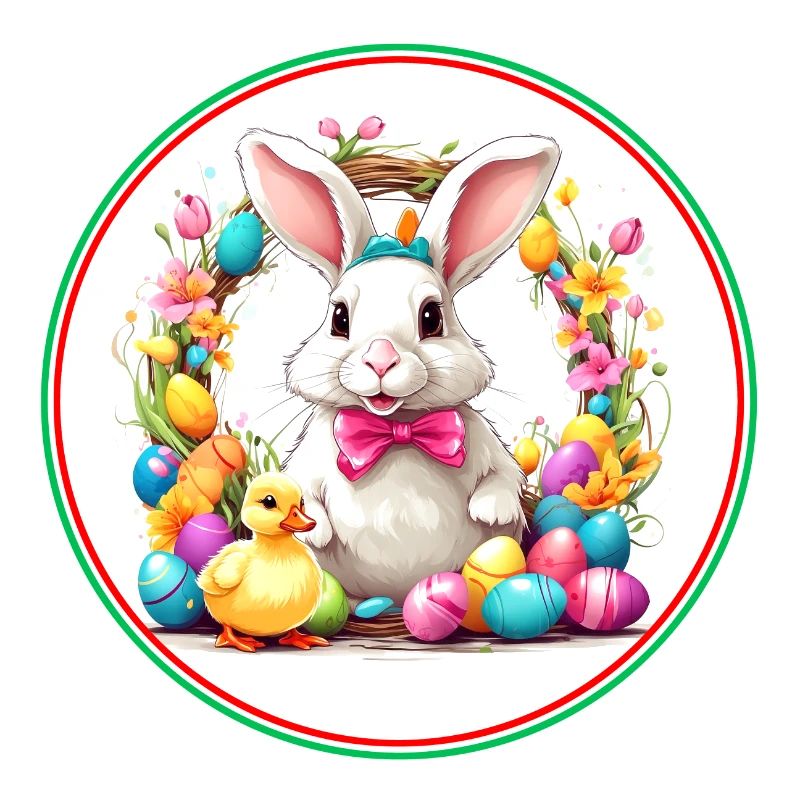 Cute easter bunny in easter basket with little chick