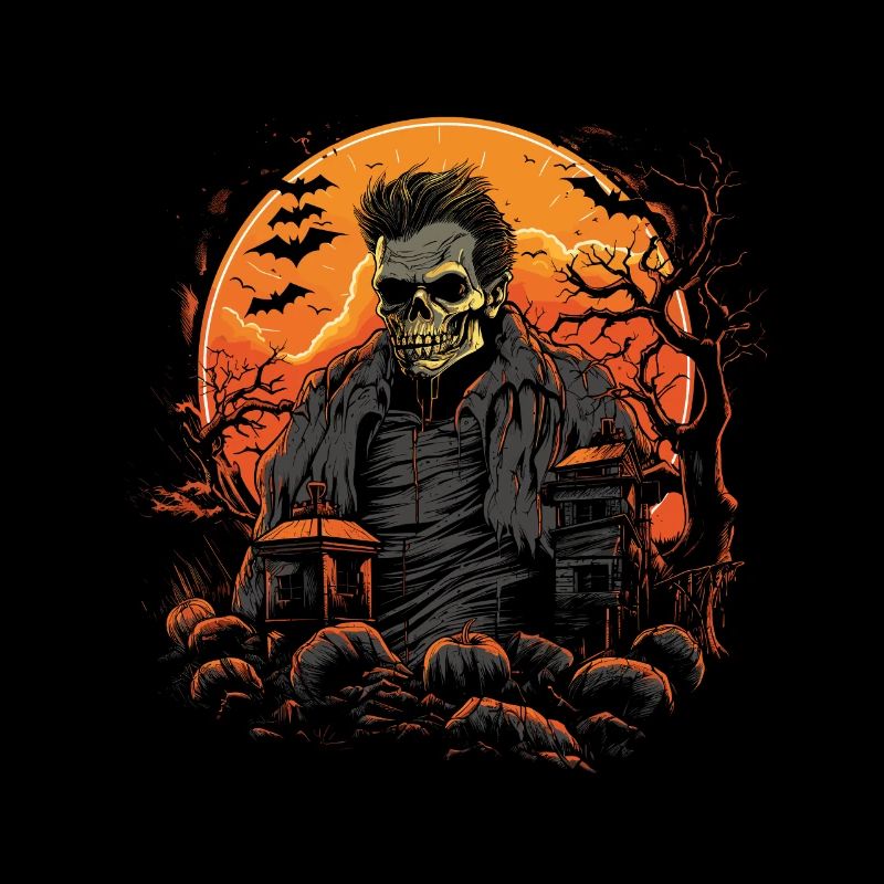 Zombie squelette effrayant devant une maison hantée