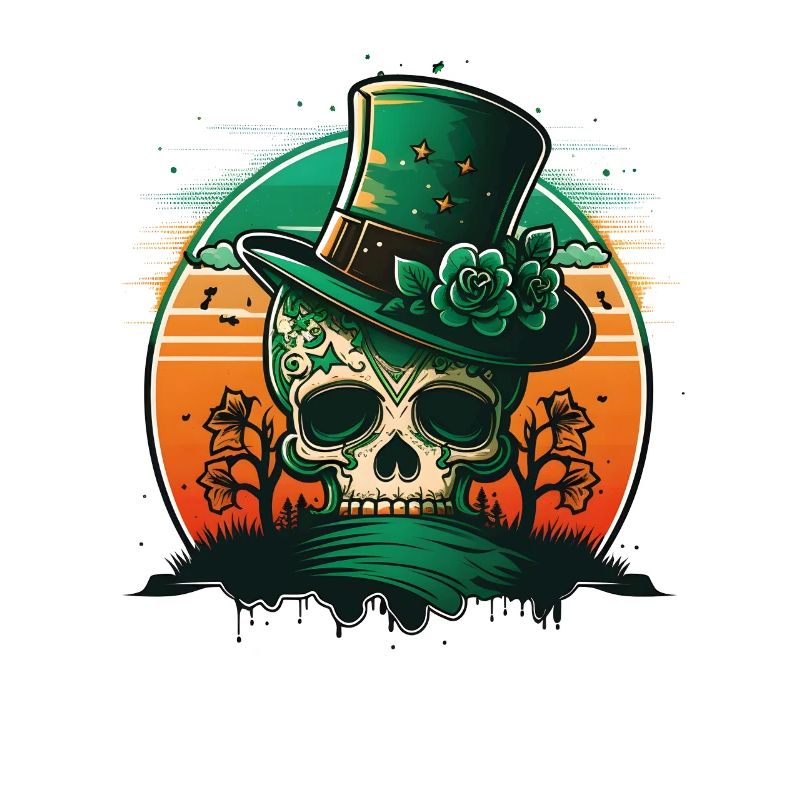 Sunset Sugar Skull Wearing A Hat St Patrick"s Day