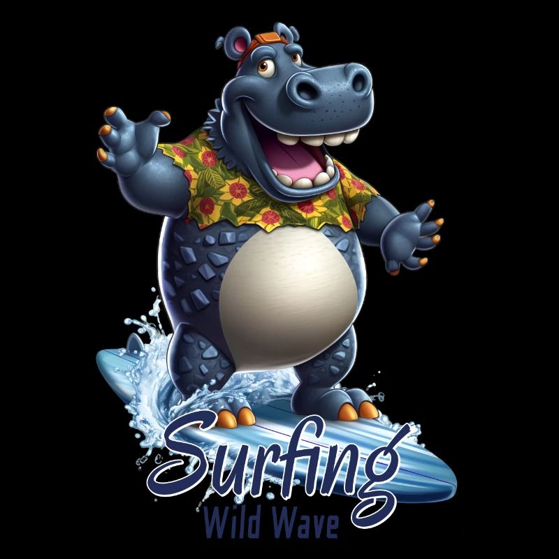 Drôle d’hippopotame avec une planche de surf - surfeur