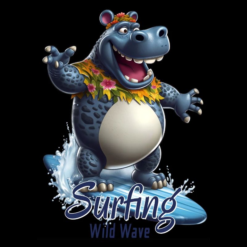 Hippopotame cool avec une planche de surf - surfeur
