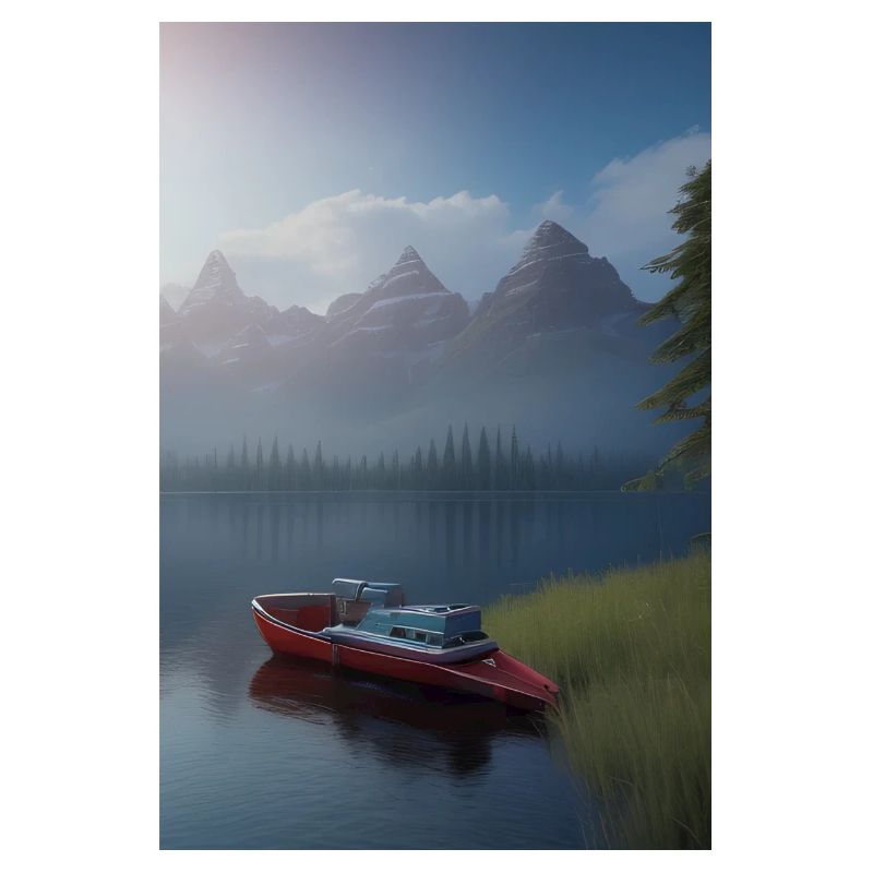 Landschaft mit See, Boot und Berge