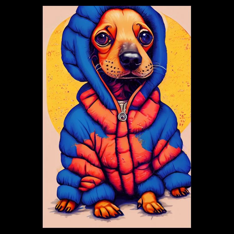 Pop-Art Dackel mit Oversized Puffer-Jacket