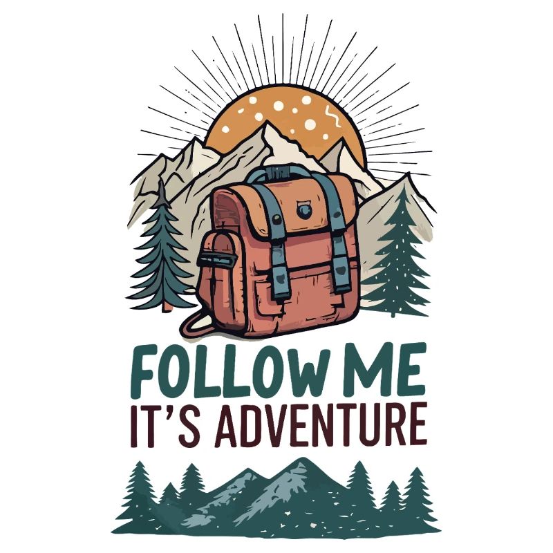 Backpack and mountains with adventure slogan