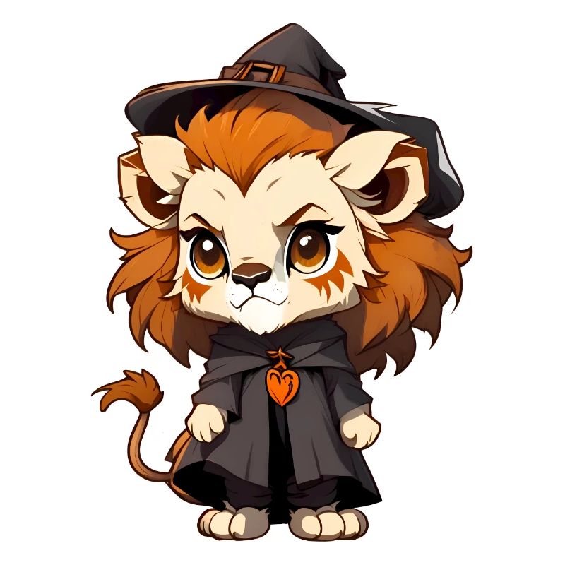 Lion d’Halloween mignon avec chapeau de sorcière.