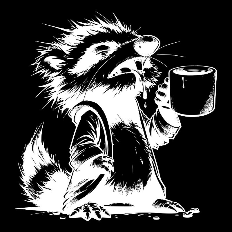 Raccoon with coffee cup extremely tired drawing