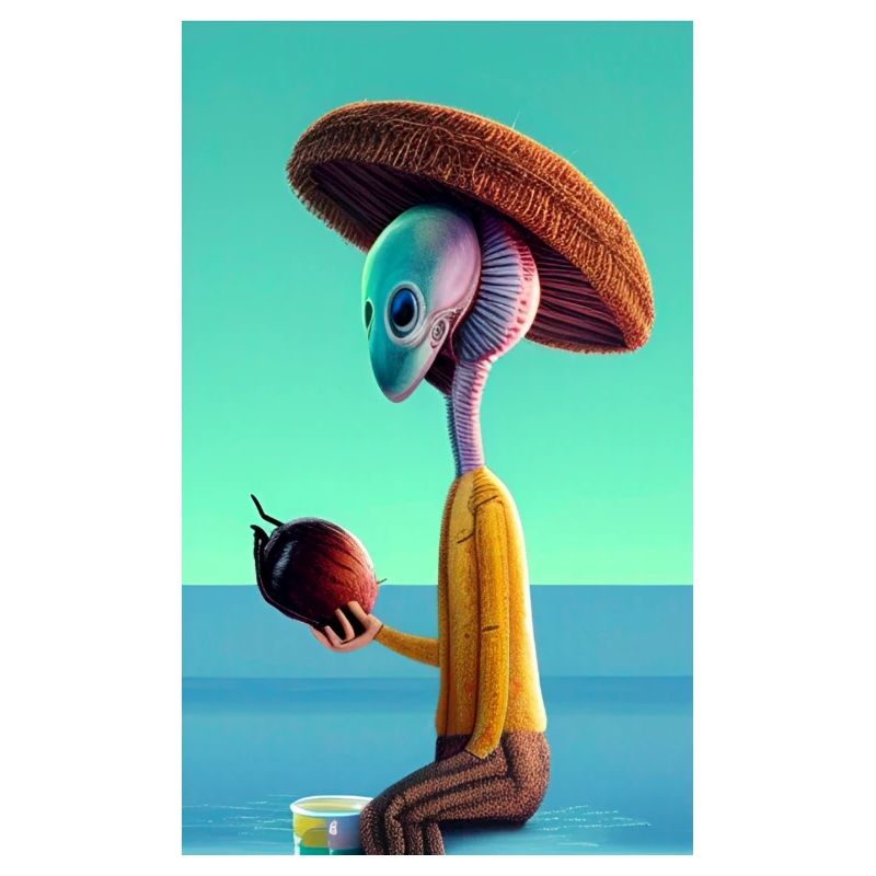 Crazy Comic Alien on a beach with a space coconut