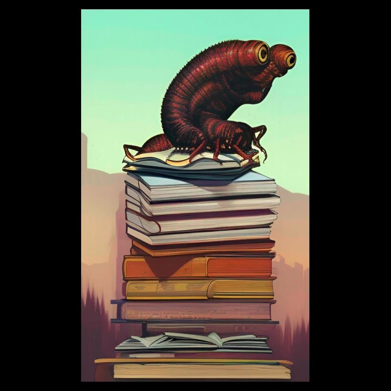 Comic Cartoon Creepy Bookworm Book Stack