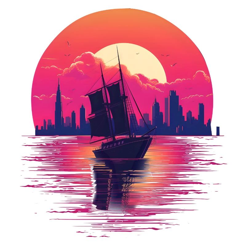 Synthwave sailing ship