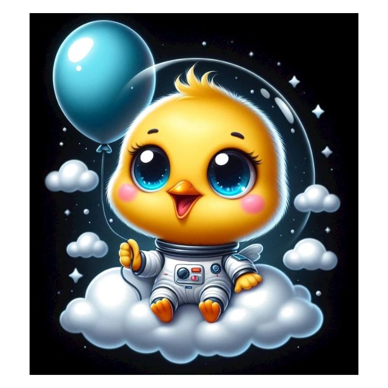 poussin de l’espace avec ballon sur nuage en combinaison spatiale