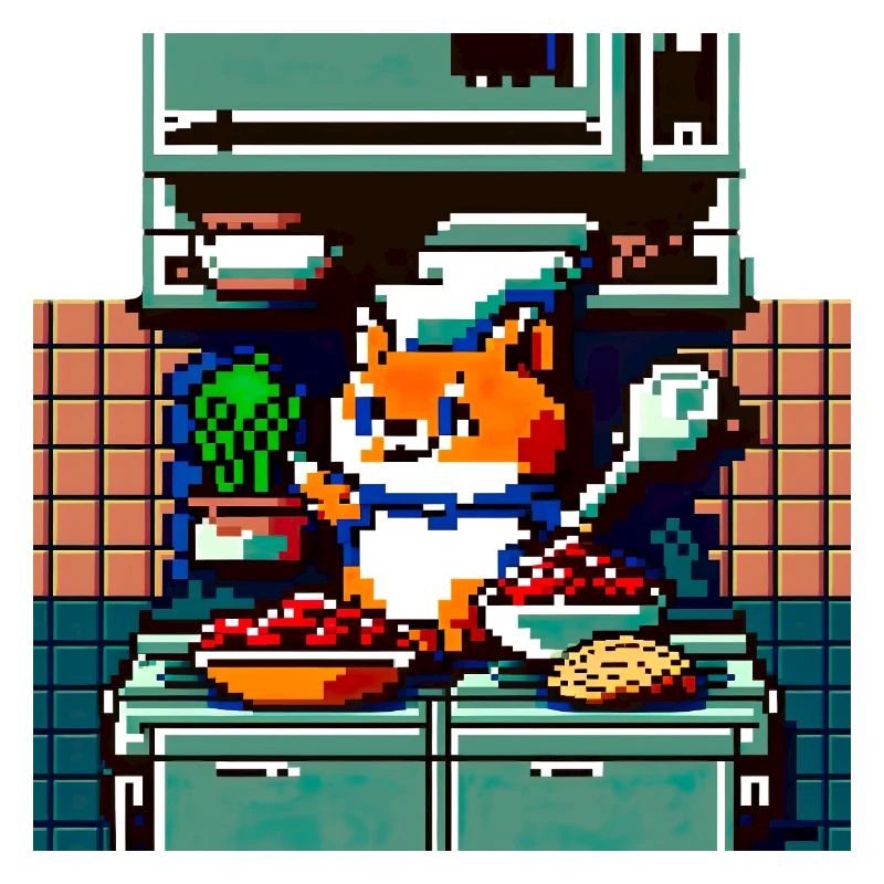 cooking cat in 8 bit as a chef in the kitchen