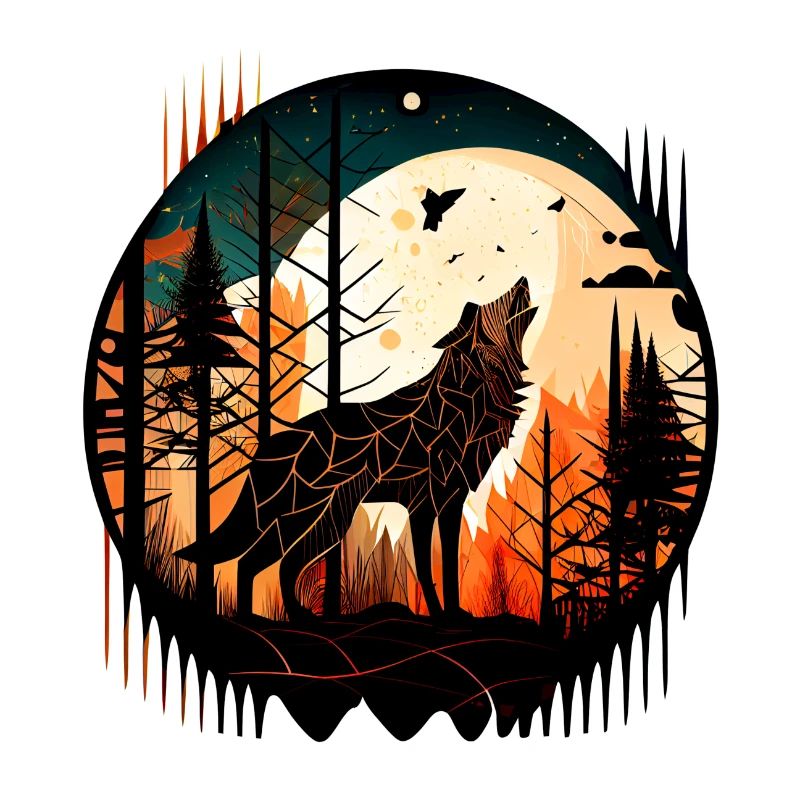 Wolf the full moon howls in the forest with pattern