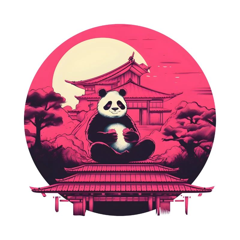 Synthwave mangeant Panda Japon Coucher de soleil