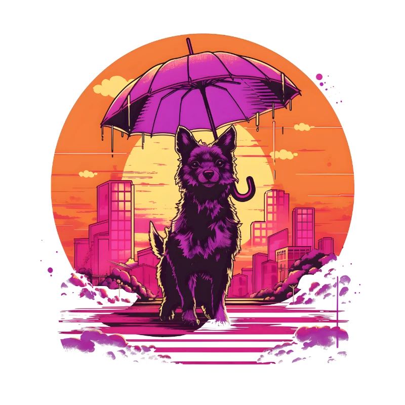 Synthwave japan dog with umbrella