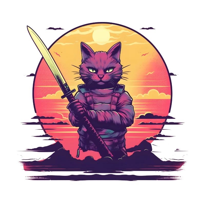 Synthwave samouraï Cat coucher de soleil