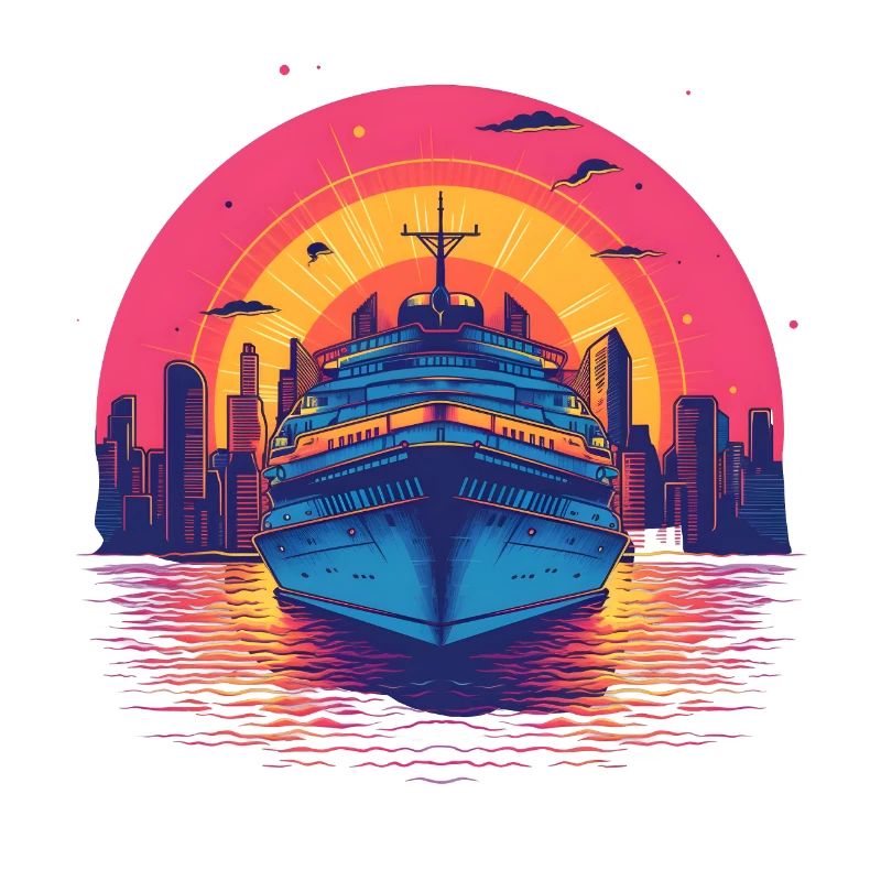 Coucher de soleil sur le bateau de croisière Synthwave