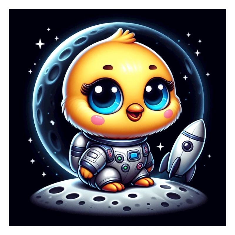 Space chick with rocket in space