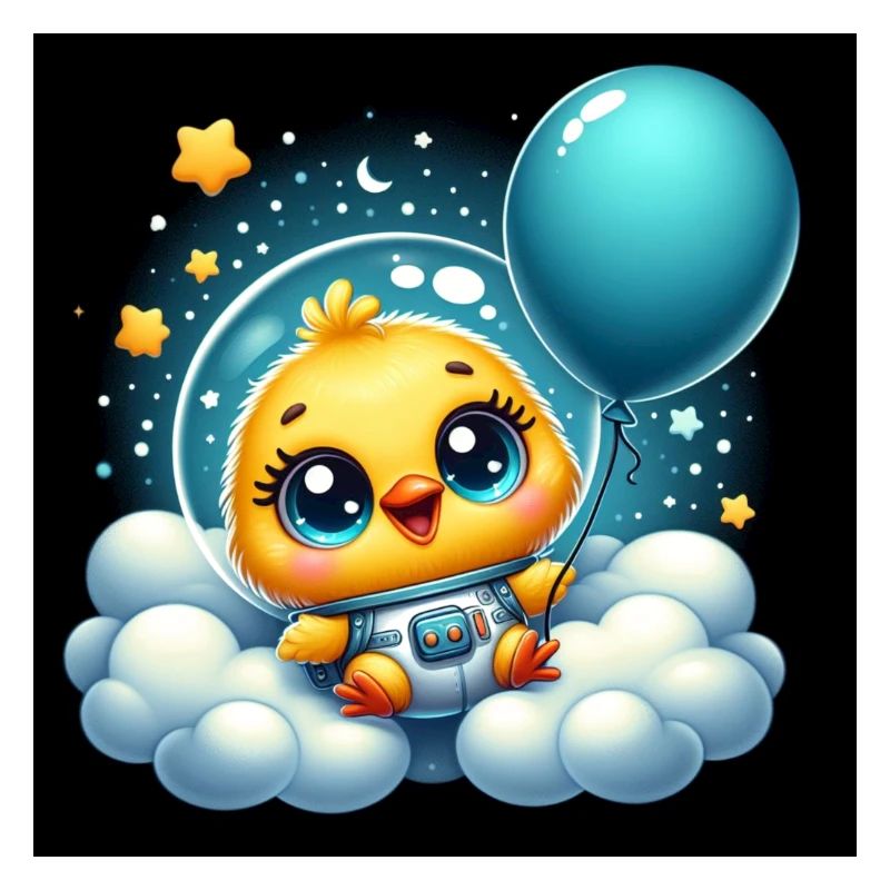 Space chick with blue balloon on a cloud