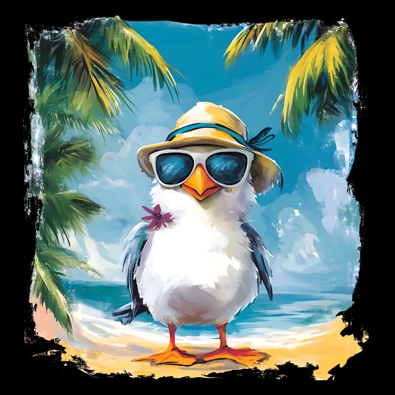 Funny bird goes under palm trees