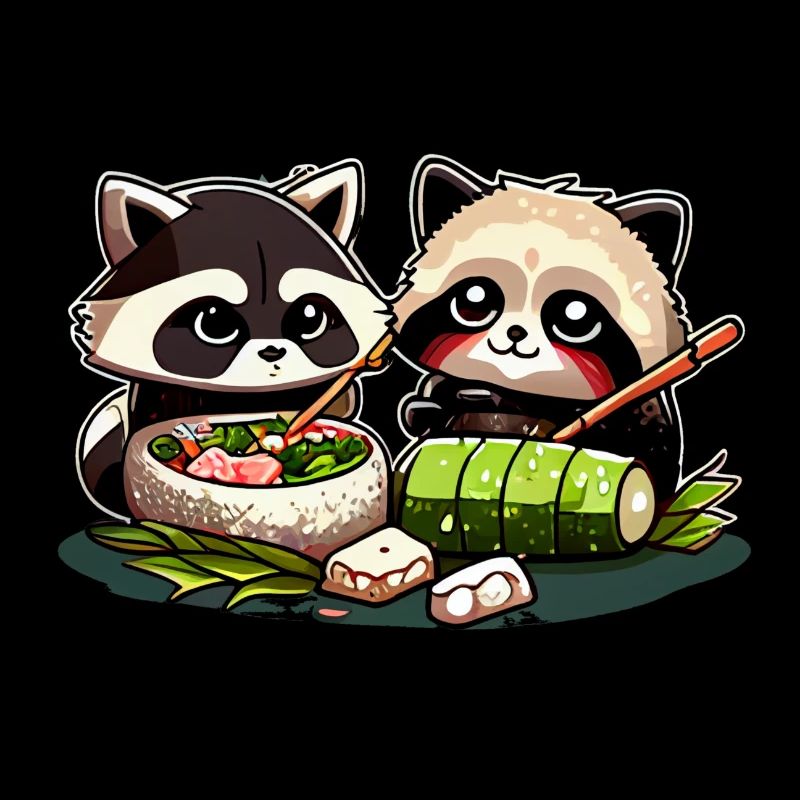 De mignons ratons laveurs comiques mangent des sushis ensemble