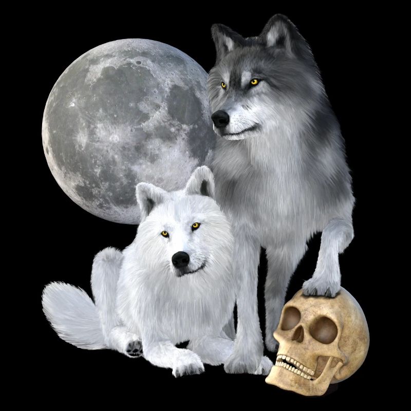 Loups, blancs, gris, lune, crâne