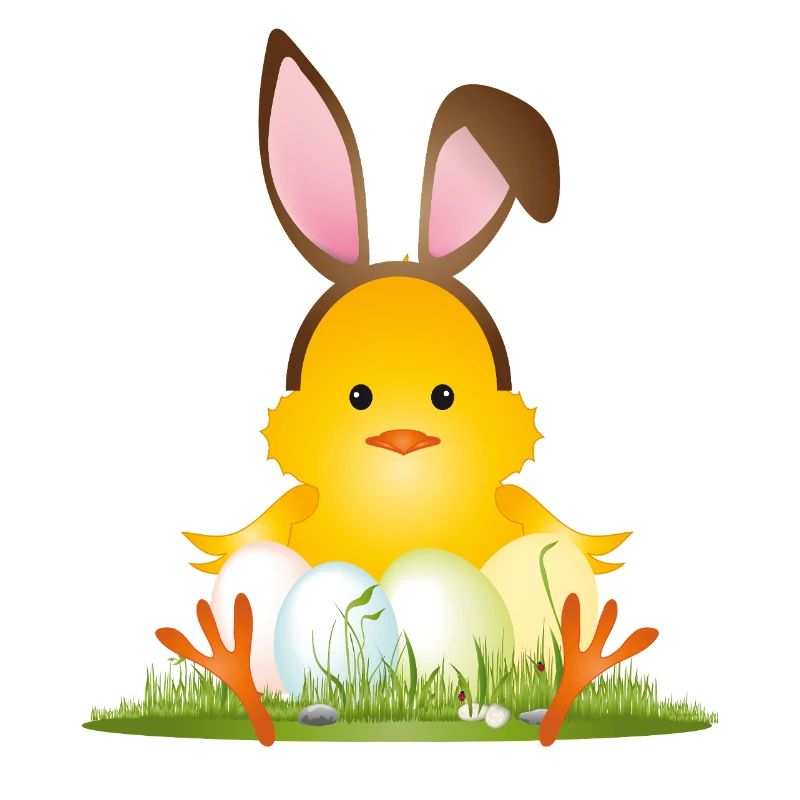 Cute Easter chick with bunny ears & Easter eggs