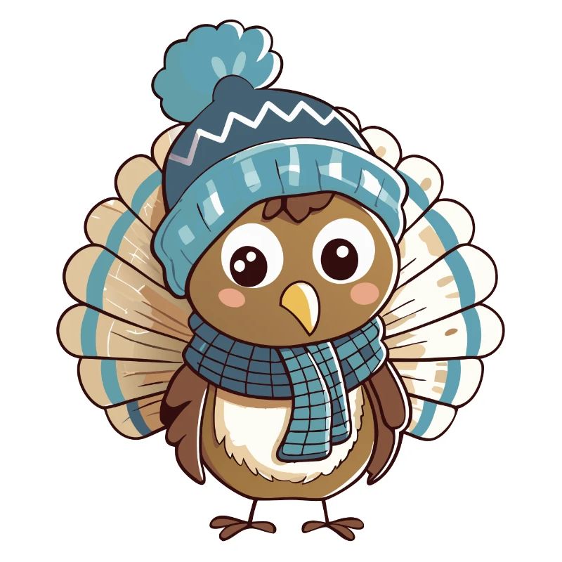 Dinde mignonne avec écharpe et chapeau à pompon.