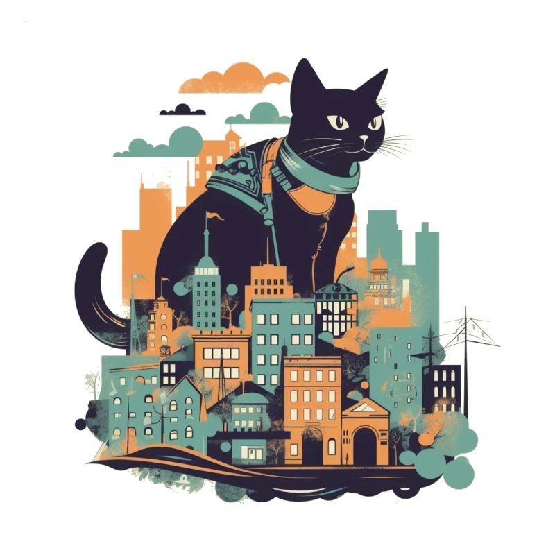 Chat noir assis devant une ville colorée