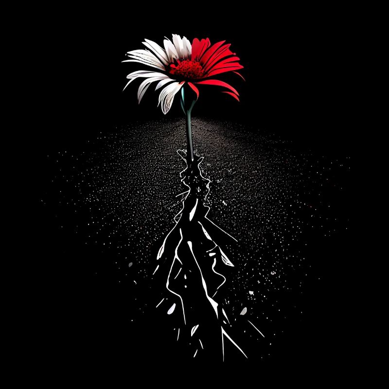 Red white flower breaks through the asphalt road