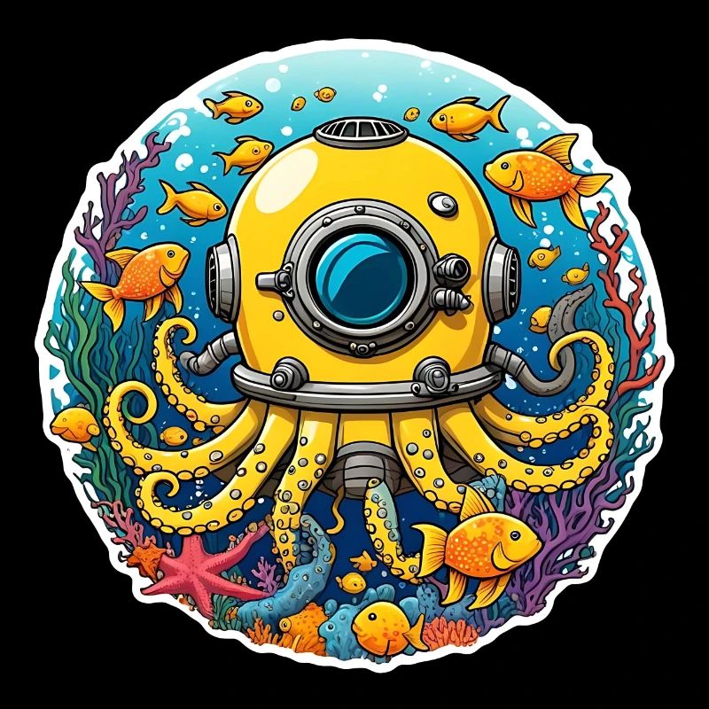 Casque de plongée avec bras de pieuvre et poisson