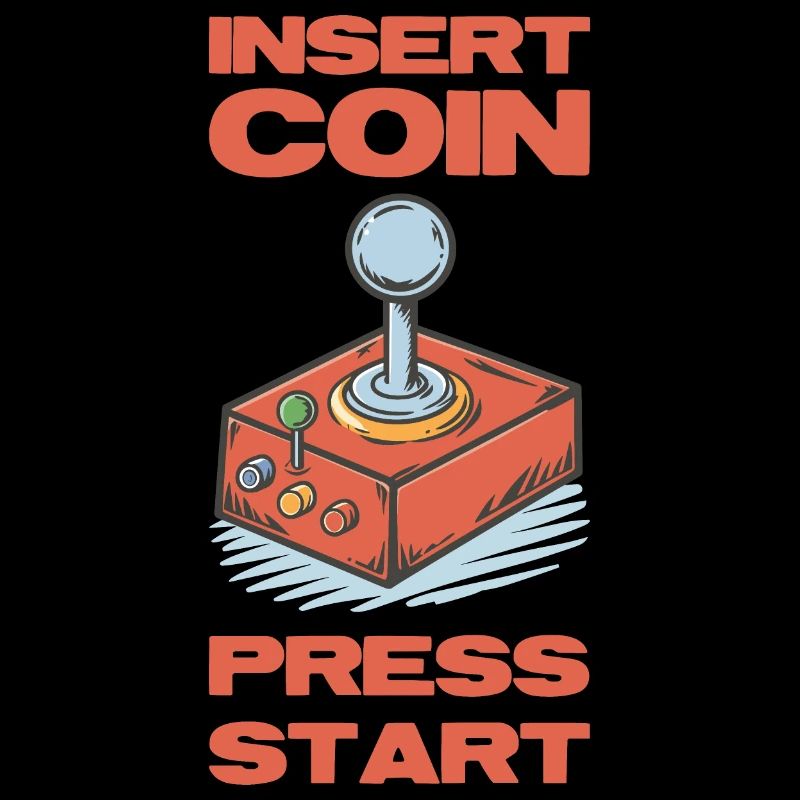 Insert coins press start. Retro joystick design.