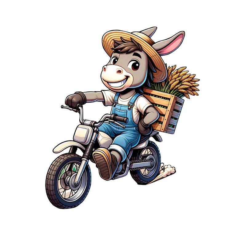 Cheerful donkey on motorcycle with wheat