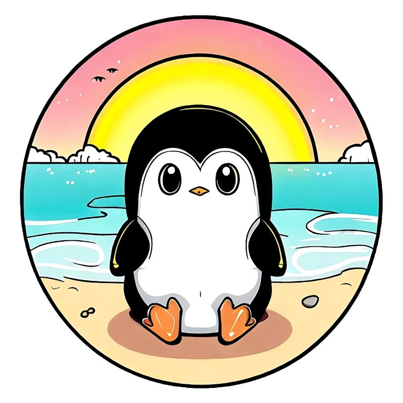 Pingouin de plage au coucher du soleil