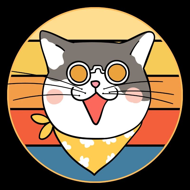 Drôle mignon Kawaii chat visage rétro coucher de soleil