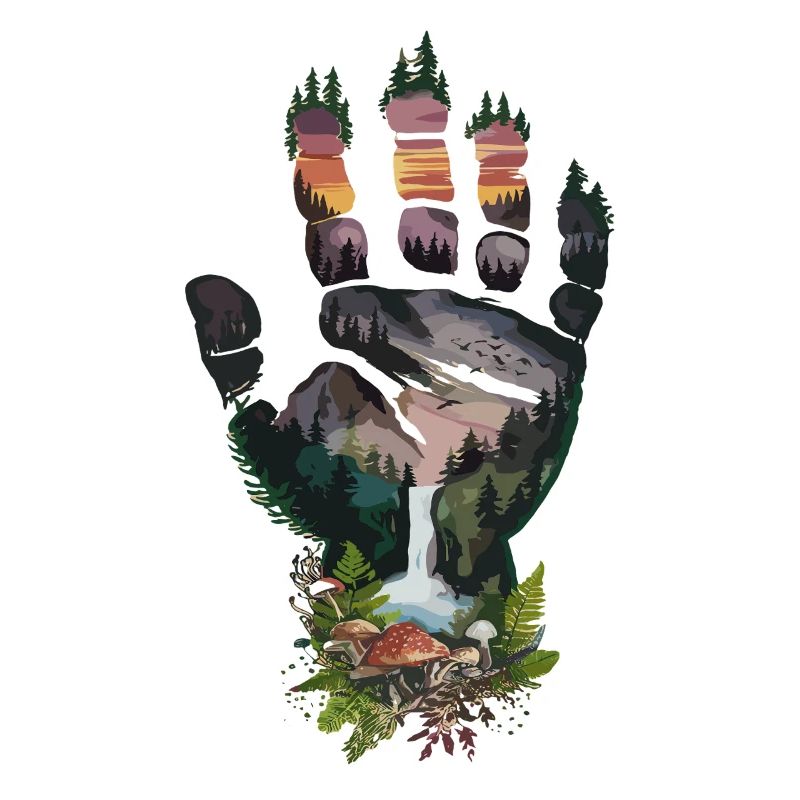 Evening forest handprint with waterfall and