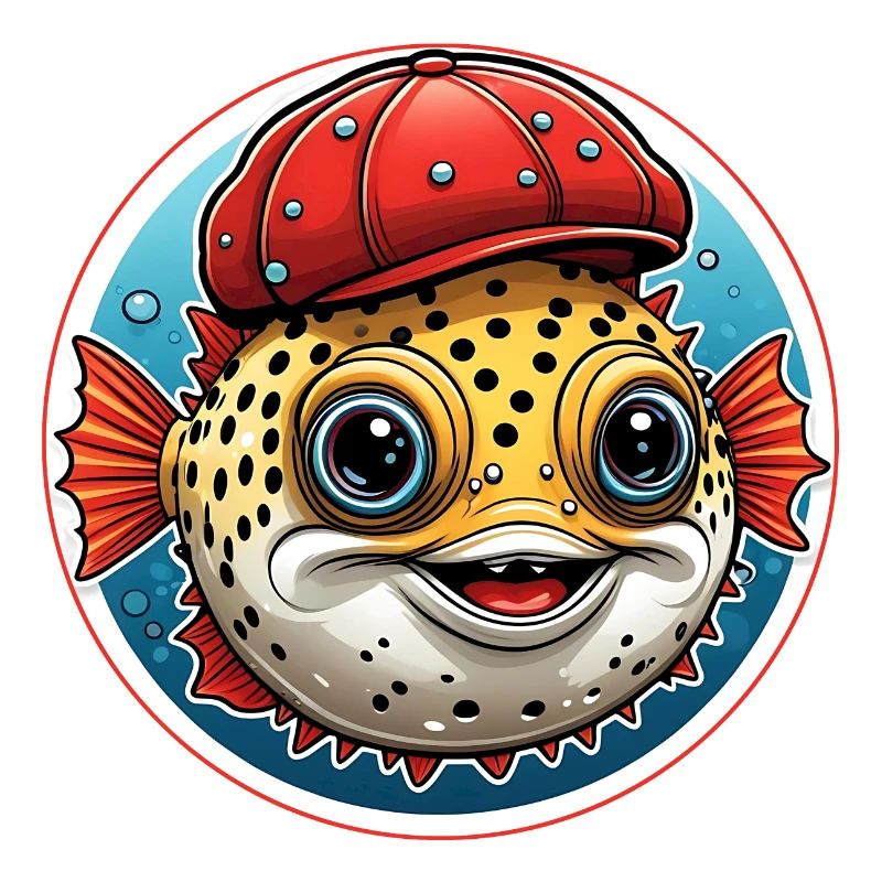 Funny puffer fish with red baseball cap